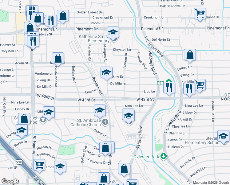 map of restaurants, bars, coffee shops, grocery stores, and more near 4809 Lido Ln in Houston
