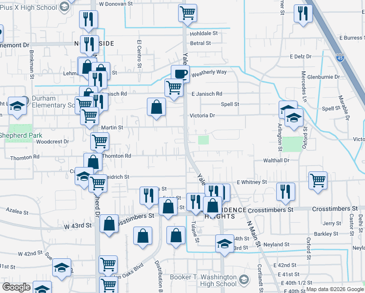 map of restaurants, bars, coffee shops, grocery stores, and more near 4605 Yale Street in Houston