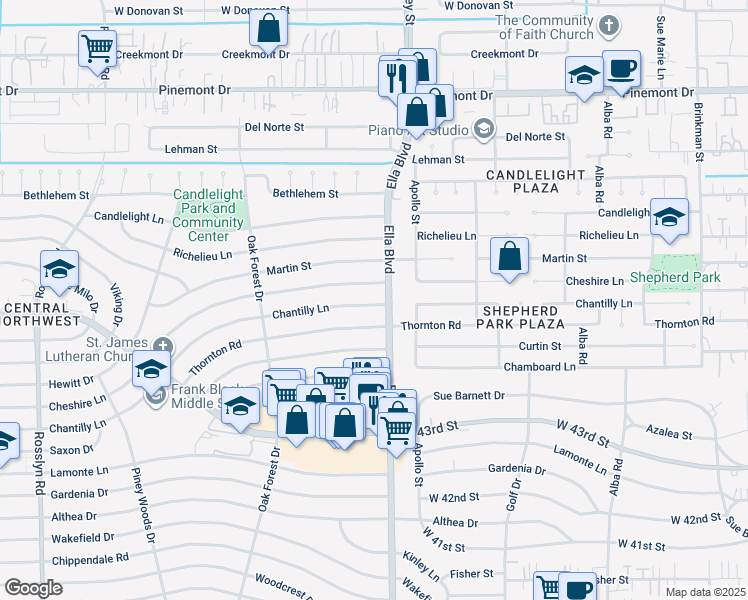 map of restaurants, bars, coffee shops, grocery stores, and more near 1212 Chantilly Lane in Houston