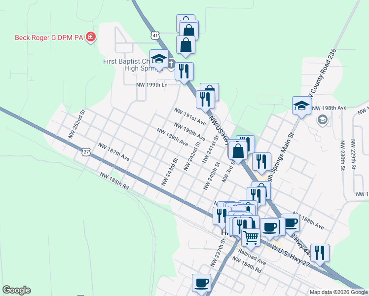 map of restaurants, bars, coffee shops, grocery stores, and more near 18855 Northwest 243rd Street in High Springs