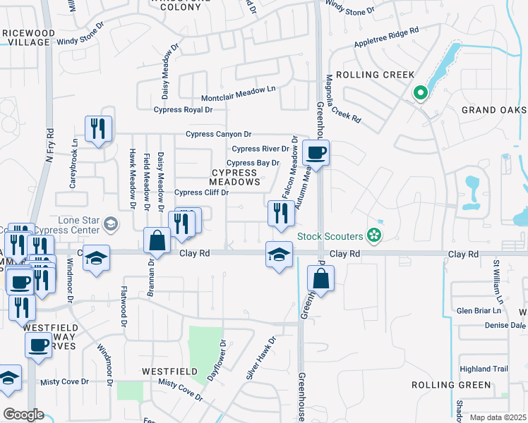 map of restaurants, bars, coffee shops, grocery stores, and more near 19223 Cypress Arbor Drive in Katy