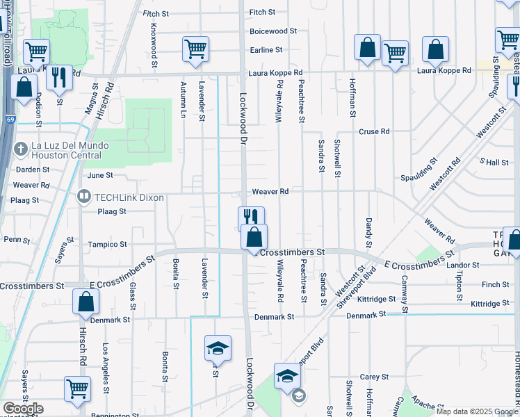 map of restaurants, bars, coffee shops, grocery stores, and more near 7944 Lockwood Drive in Houston