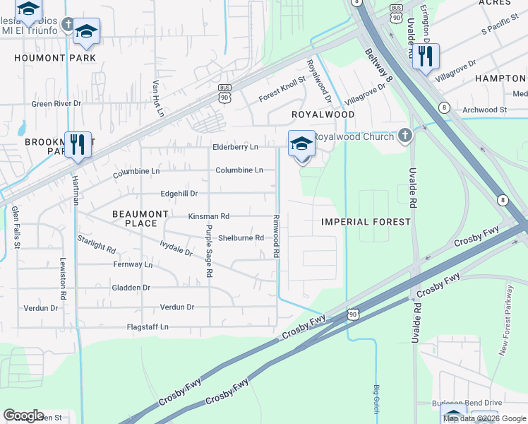 map of restaurants, bars, coffee shops, grocery stores, and more near 13331 Kinsman Road in Houston