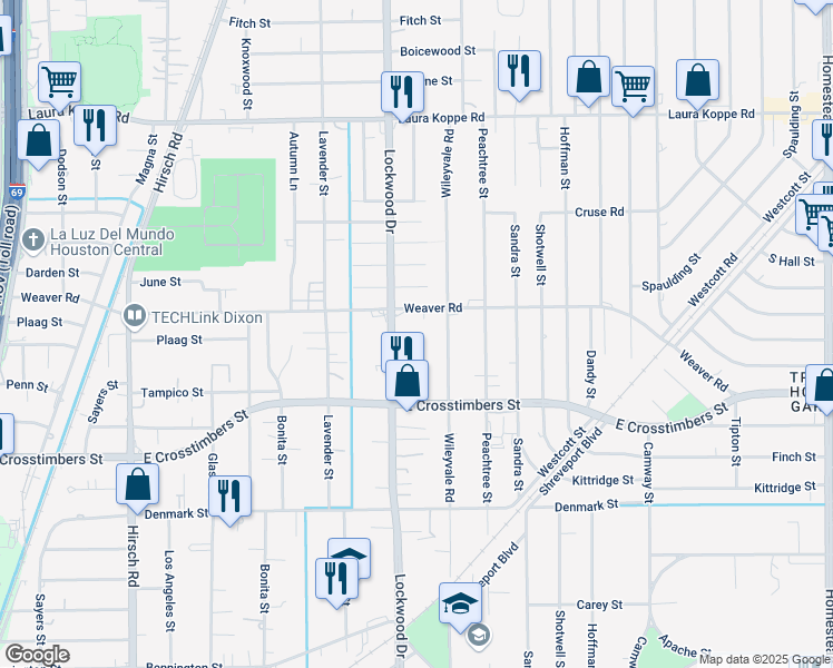 map of restaurants, bars, coffee shops, grocery stores, and more near 7944 Lockwood Drive in Houston