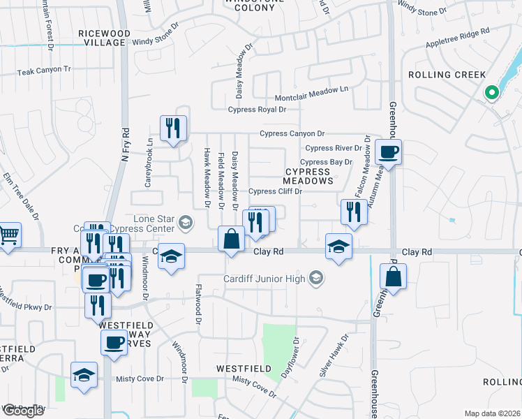 map of restaurants, bars, coffee shops, grocery stores, and more near 19443 Cypress Arbor Drive in Katy