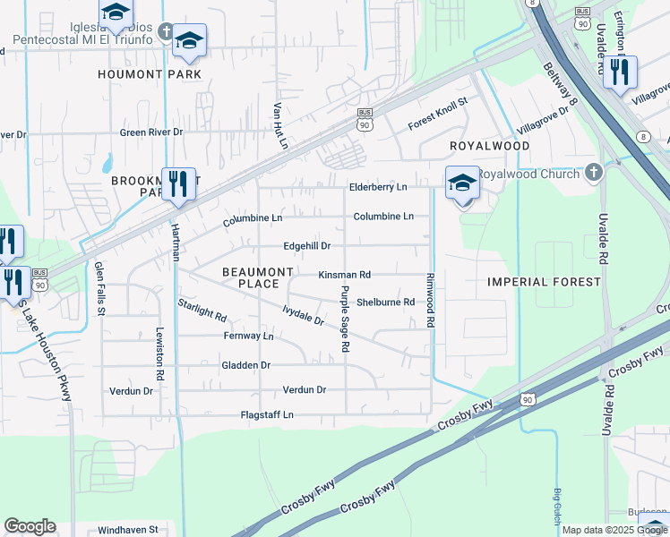 map of restaurants, bars, coffee shops, grocery stores, and more near 13169 Kinsman Road in Houston