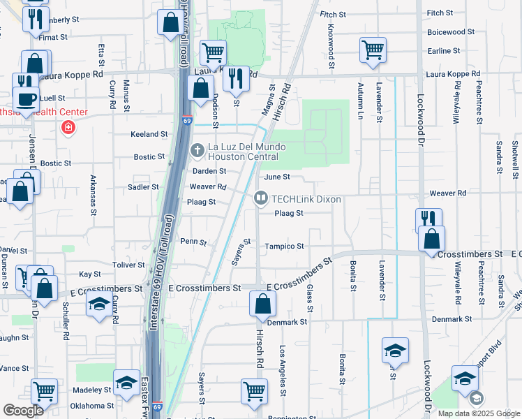 map of restaurants, bars, coffee shops, grocery stores, and more near 8002 Hirsch Road in Houston