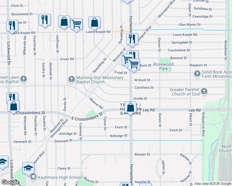 map of restaurants, bars, coffee shops, grocery stores, and more near 6901 Orville Street in Houston