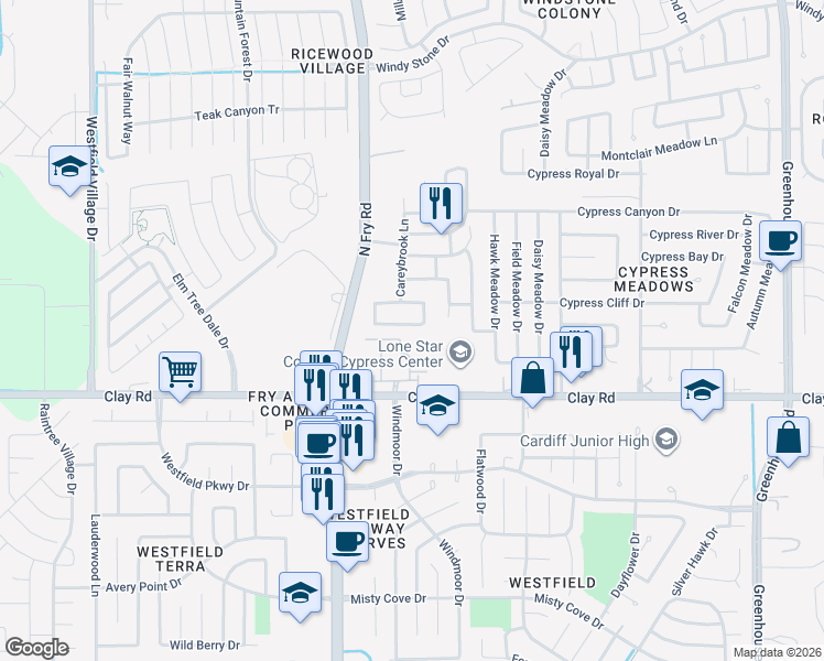 map of restaurants, bars, coffee shops, grocery stores, and more near 19911 Wedgewood Gable Way in Katy