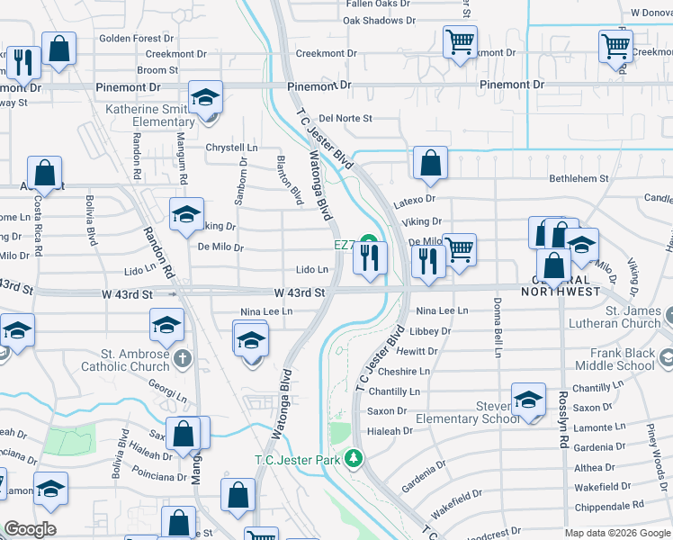 map of restaurants, bars, coffee shops, grocery stores, and more near 4221 Lido Lane in Houston