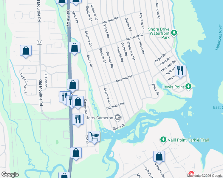 map of restaurants, bars, coffee shops, grocery stores, and more near 514 Gentian Road in St. Augustine