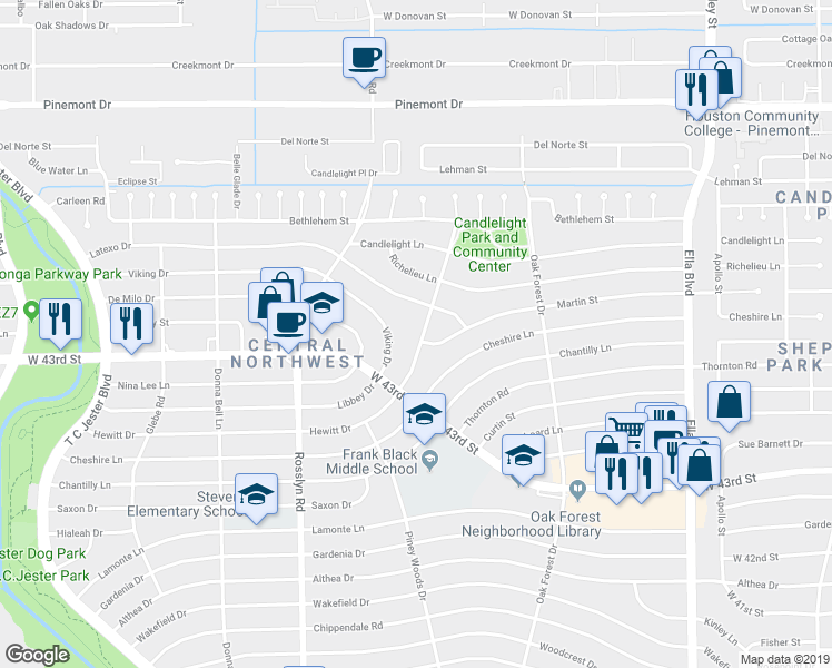 map of restaurants, bars, coffee shops, grocery stores, and more near 1518 Hewitt Drive in Houston