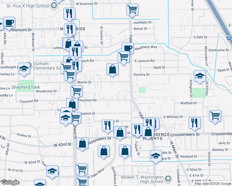 map of restaurants, bars, coffee shops, grocery stores, and more near 404 Thornton Road in Houston