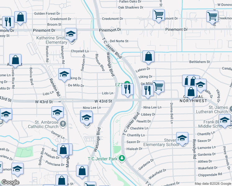 map of restaurants, bars, coffee shops, grocery stores, and more near 4126 Lido Lane in Houston