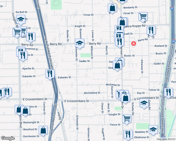 map of restaurants, bars, coffee shops, grocery stores, and more near 2014 Deams Street in Houston