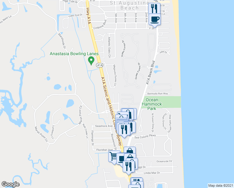 map of restaurants, bars, coffee shops, grocery stores, and more near 4 Ewing Street in St. Augustine