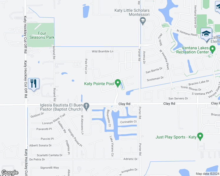 map of restaurants, bars, coffee shops, grocery stores, and more near 24218 Asher Hollow Lane in Katy