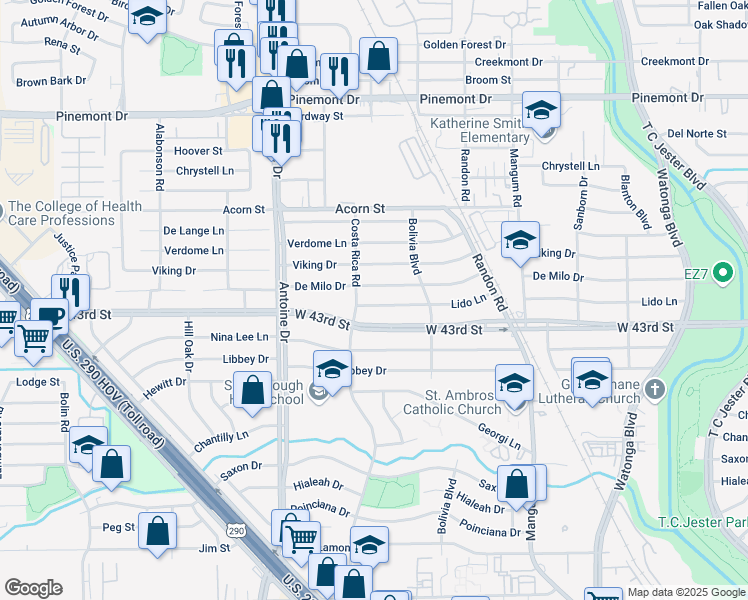 map of restaurants, bars, coffee shops, grocery stores, and more near 5218 Lido Ln in Houston