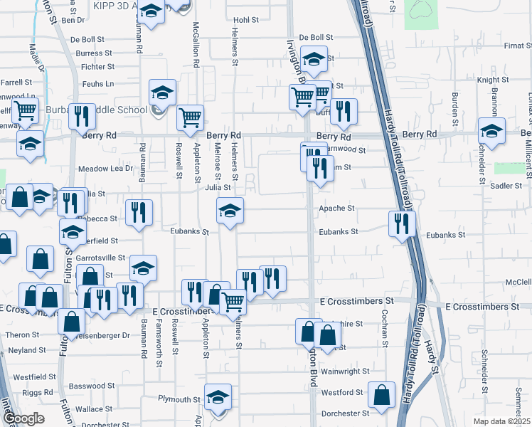 map of restaurants, bars, coffee shops, grocery stores, and more near 702 Apache Street in Houston