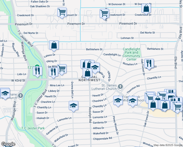 map of restaurants, bars, coffee shops, grocery stores, and more near 4300 Rosslyn Road in Houston