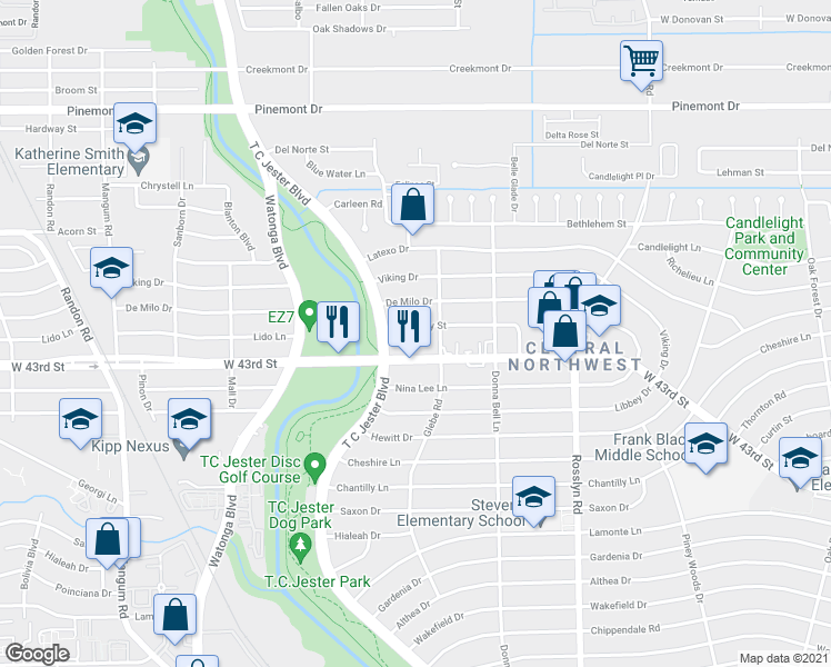 map of restaurants, bars, coffee shops, grocery stores, and more near 2119 Brimberry Street in Houston