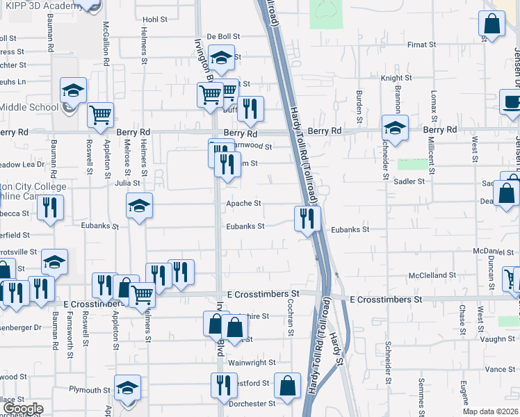 map of restaurants, bars, coffee shops, grocery stores, and more near 914 Apache Street in Houston