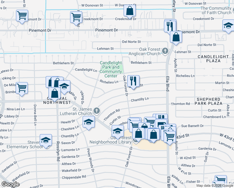 map of restaurants, bars, coffee shops, grocery stores, and more near 1414 Cheshire Lane in Houston