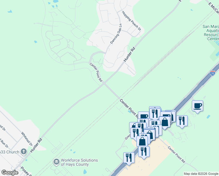 map of restaurants, bars, coffee shops, grocery stores, and more near 107 Center Point Road in San Marcos