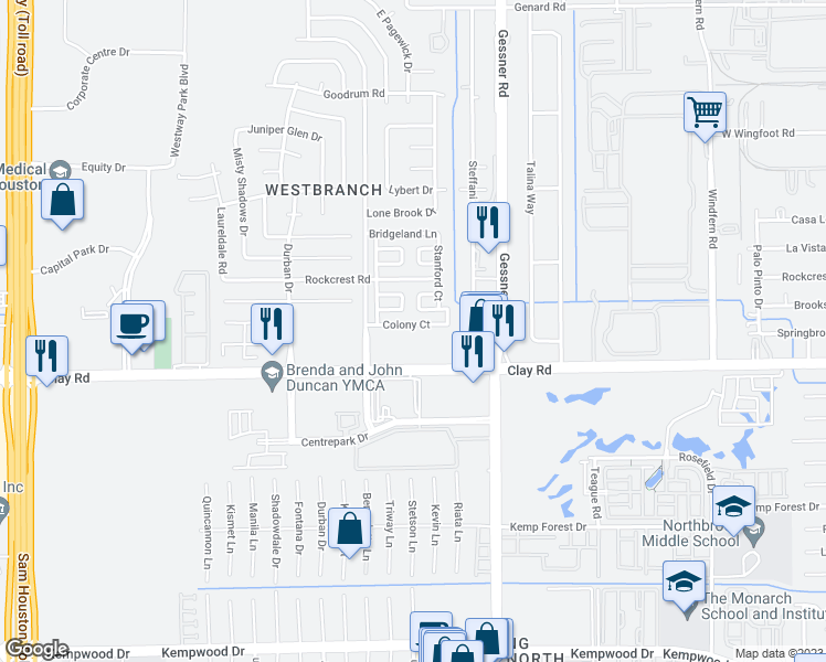 map of restaurants, bars, coffee shops, grocery stores, and more near 10303 Colony Court in Houston