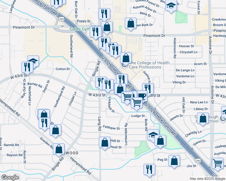 map of restaurants, bars, coffee shops, grocery stores, and more near 6510 West 43rd Street in Houston