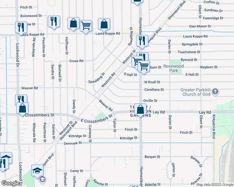 map of restaurants, bars, coffee shops, grocery stores, and more near 6827 Orville Street in Houston