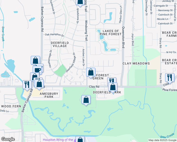 map of restaurants, bars, coffee shops, grocery stores, and more near 3923 Pine Forest Hollow Trail in Houston