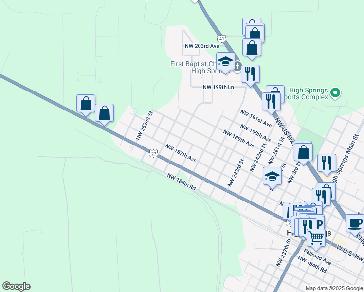 map of restaurants, bars, coffee shops, grocery stores, and more near 225 Northwest 12th Street in Gainesville