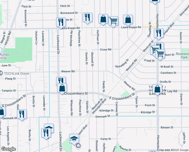 map of restaurants, bars, coffee shops, grocery stores, and more near 8011 Shotwell Street in Houston