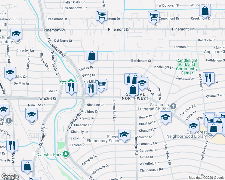 map of restaurants, bars, coffee shops, grocery stores, and more near 2003 Brimberry Street in Houston