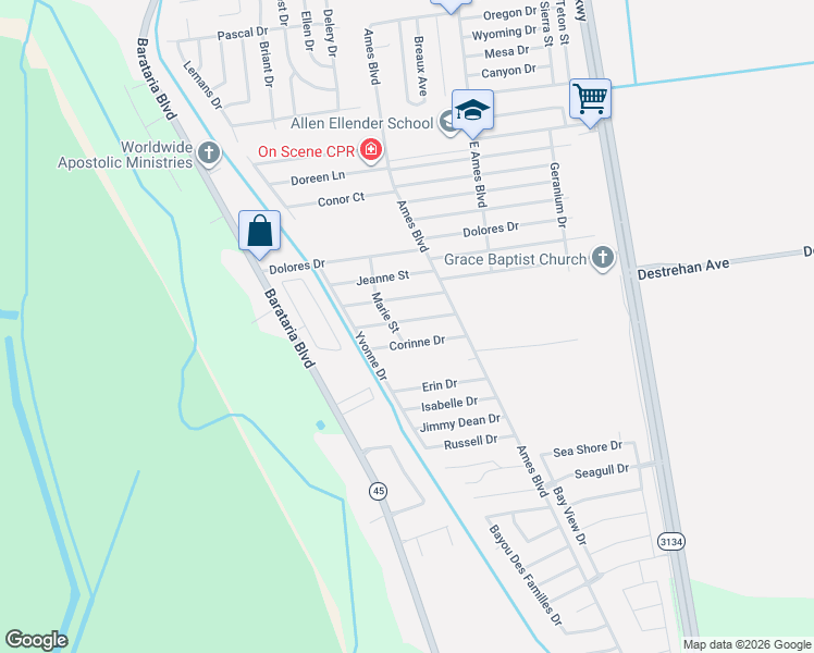 map of restaurants, bars, coffee shops, grocery stores, and more near 2733 Blanche Street in Marrero