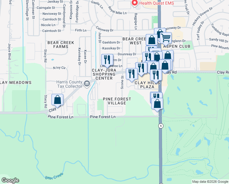 map of restaurants, bars, coffee shops, grocery stores, and more near 4123 Park Douglas Drive in Houston