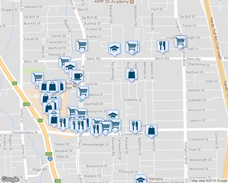 map of restaurants, bars, coffee shops, grocery stores, and more near 7910 Bauman Road in Houston