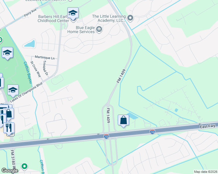 map of restaurants, bars, coffee shops, grocery stores, and more near Oaklawn Drive in Mont Belvieu