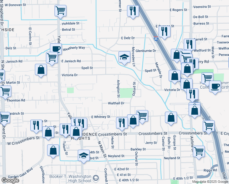 map of restaurants, bars, coffee shops, grocery stores, and more near 4621 Arlington Street in Houston