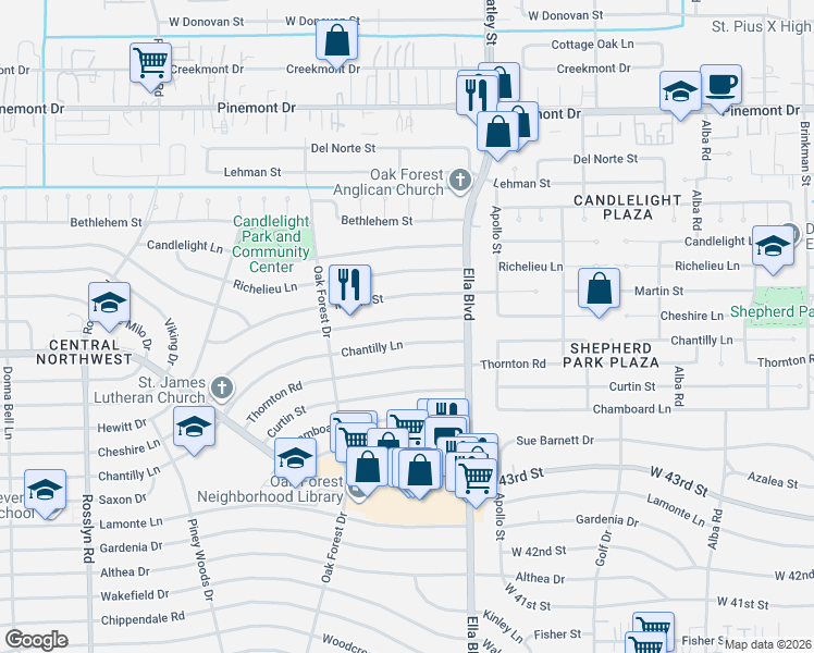 map of restaurants, bars, coffee shops, grocery stores, and more near 1235 Cheshire Lane in Houston