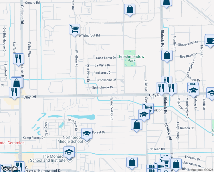 map of restaurants, bars, coffee shops, grocery stores, and more near 9722 Springbrook Drive in Houston