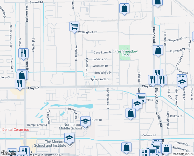 map of restaurants, bars, coffee shops, grocery stores, and more near 9806a Springbrook Drive in Houston