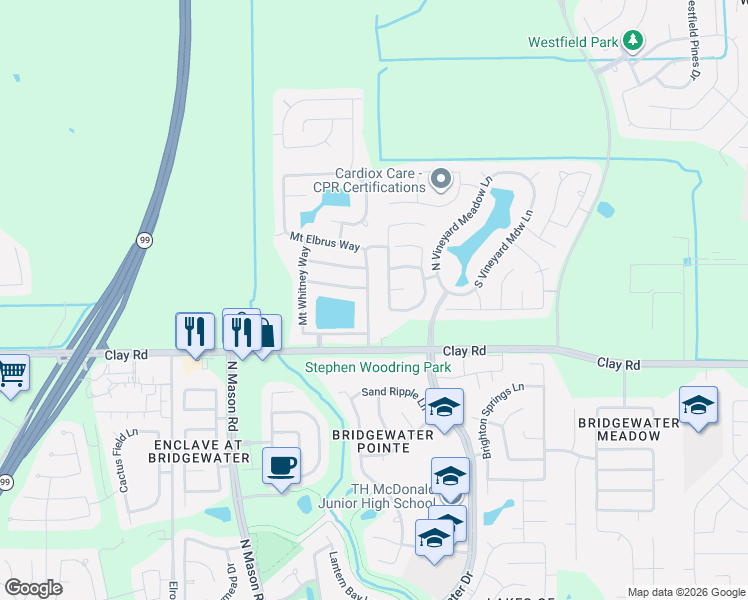 map of restaurants, bars, coffee shops, grocery stores, and more near 4102 Mount Everest Way in Katy