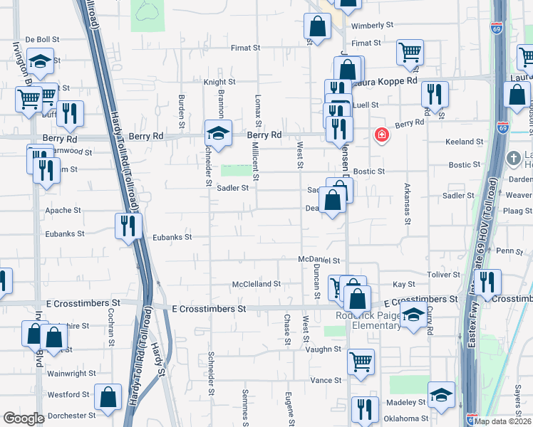 map of restaurants, bars, coffee shops, grocery stores, and more near 2420 Deams Street in Houston