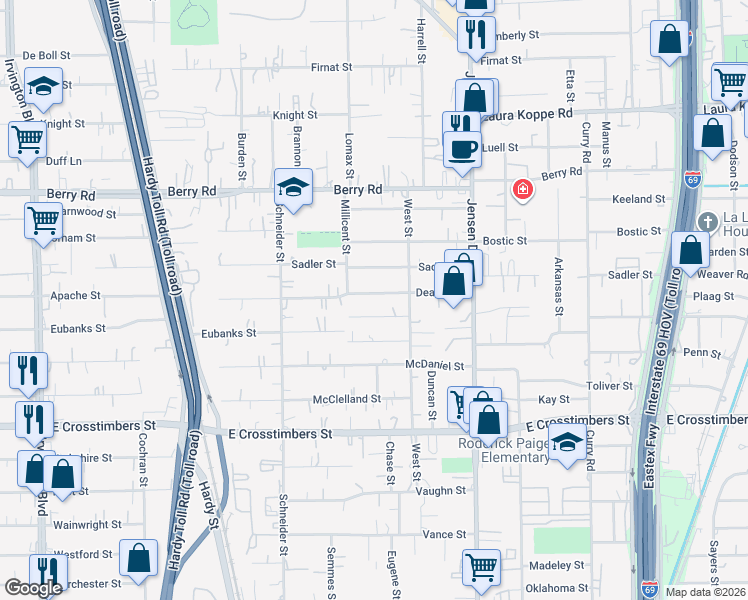 map of restaurants, bars, coffee shops, grocery stores, and more near 2420 Deams Street in Houston