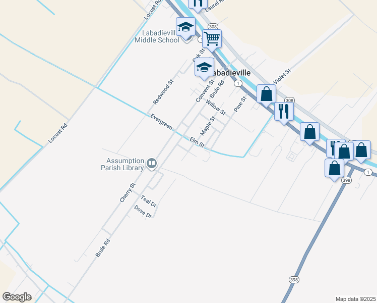 map of restaurants, bars, coffee shops, grocery stores, and more near 201 Cedar Street in Labadieville