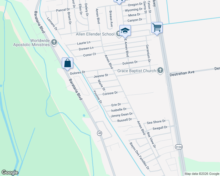 map of restaurants, bars, coffee shops, grocery stores, and more near 2733 Blanche Street in Marrero