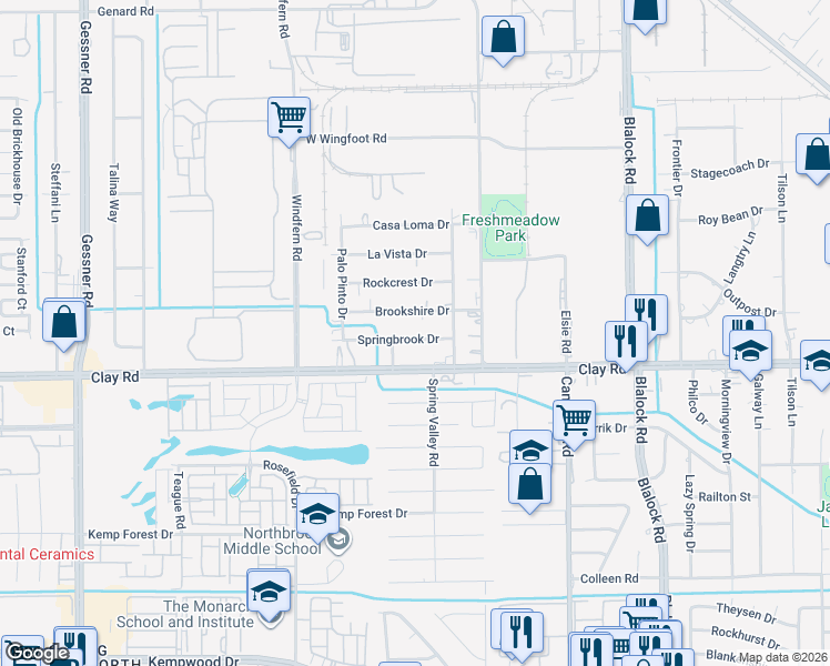 map of restaurants, bars, coffee shops, grocery stores, and more near 9722 Springbrook Drive in Houston