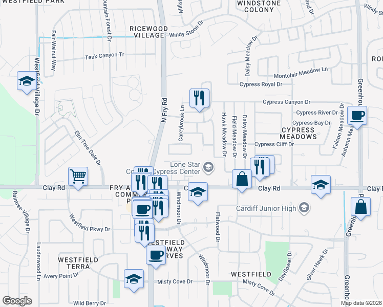 map of restaurants, bars, coffee shops, grocery stores, and more near 4202 Audrey Manor Lane in Katy